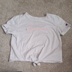Champion Kids' Light Gray Tee with Pink Logo